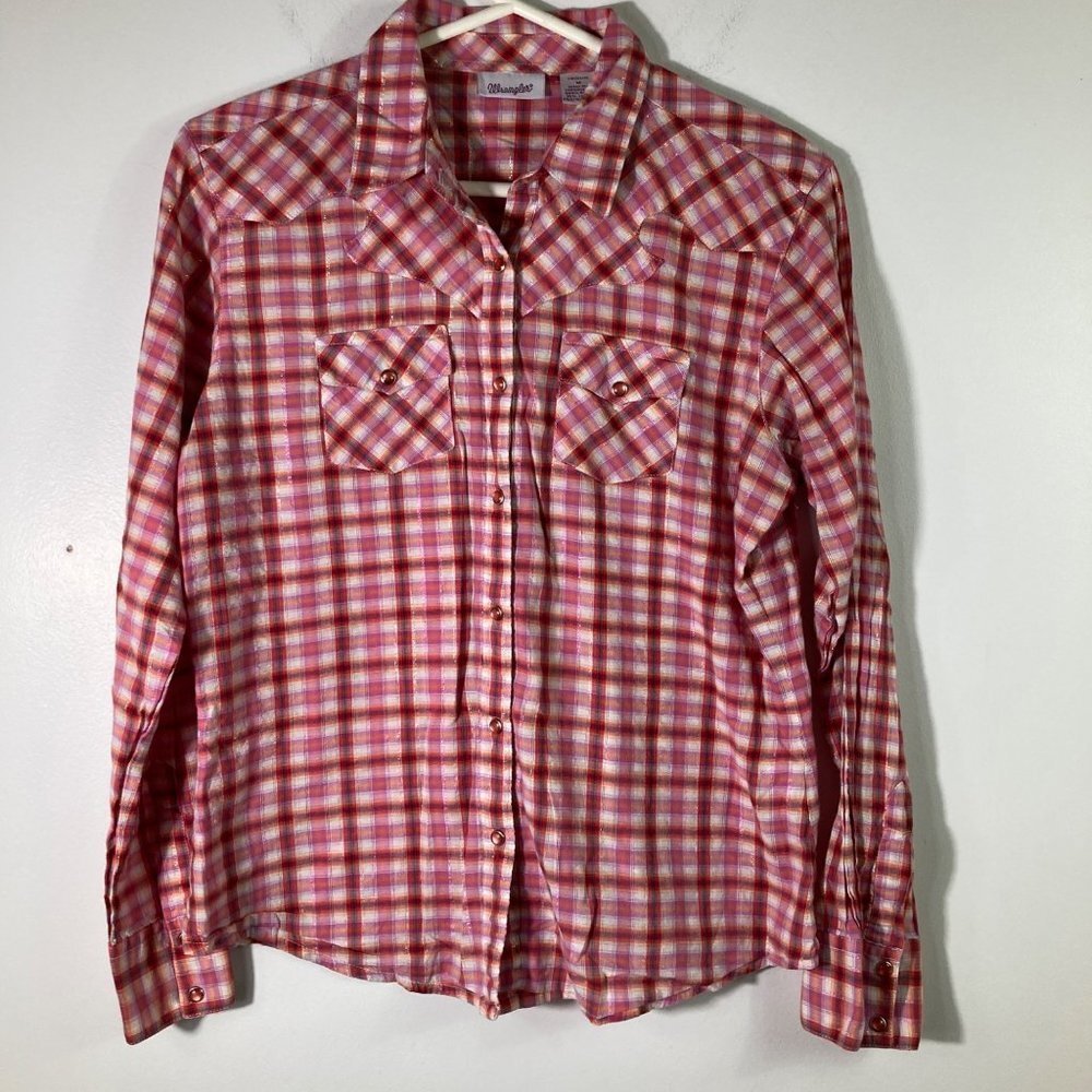 Womens Vintage Long Sleeve Western Pearl Snap Shirt M Pink Orange White